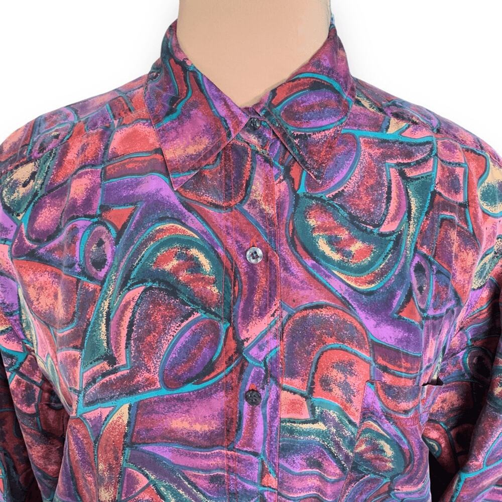 Vintage 90s Silk Blouse Abstract Print Purple Pink Button Front Eclectic Artsy